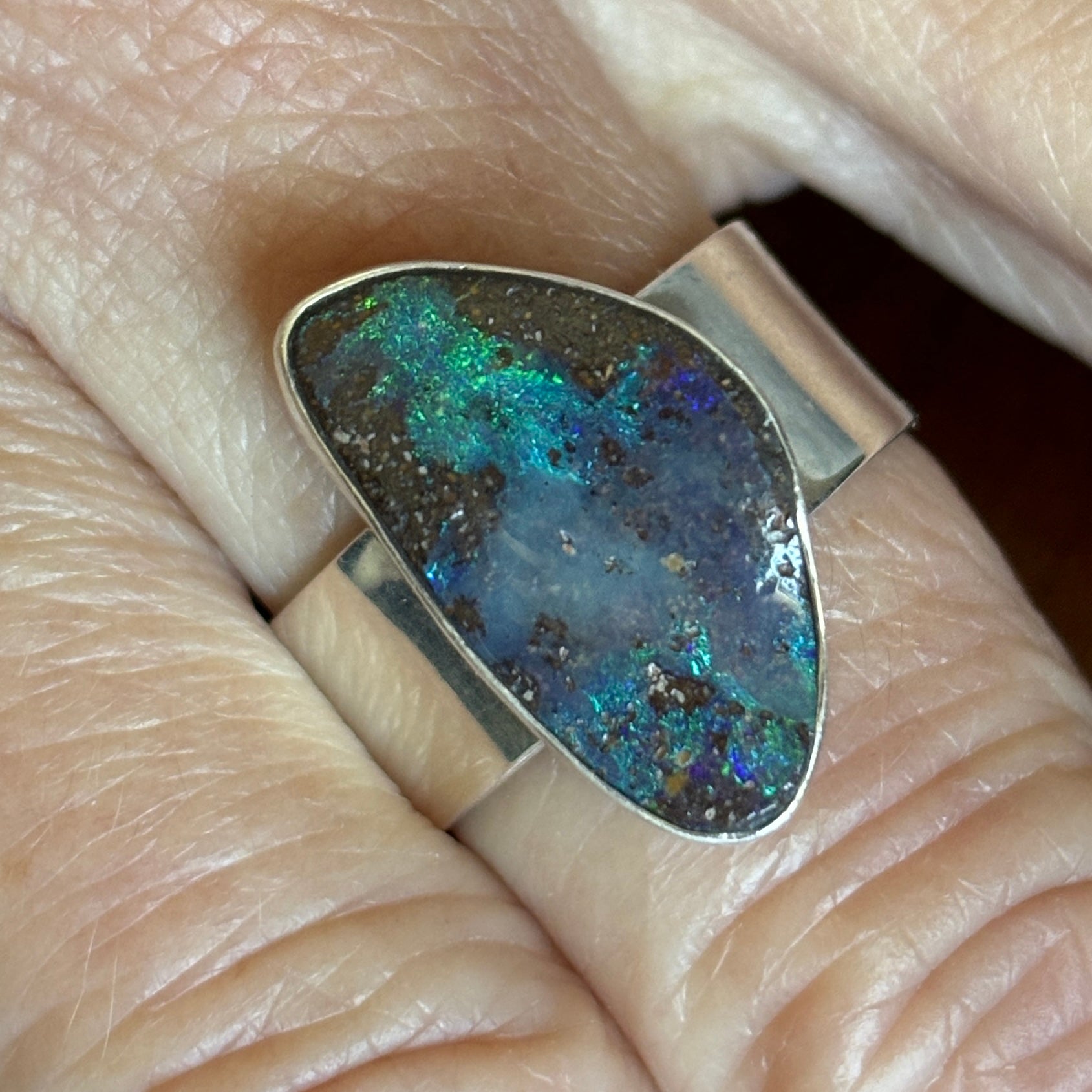 Earthy Blue and Brown Boulder Opal Ring - Sheila Marie Opals