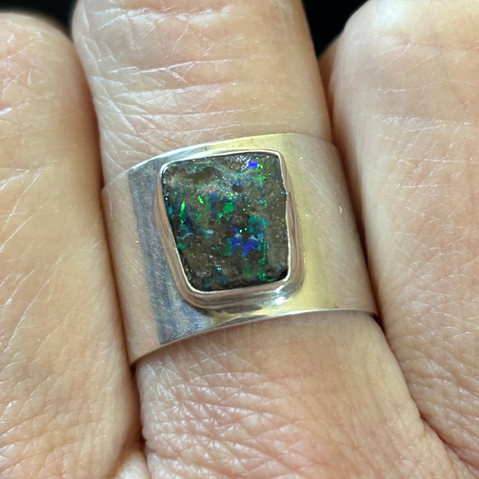 Forged in Silver Blue Green Opal Ring - Sheila Marie Opals