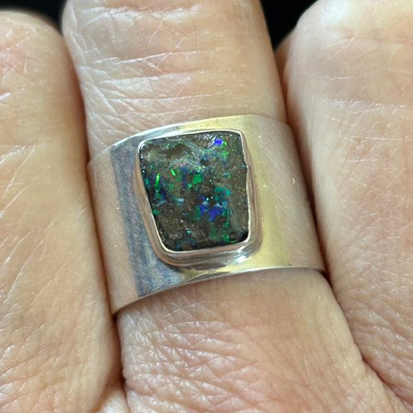Forged in Silver Blue Green Opal Ring - Sheila Marie Opals